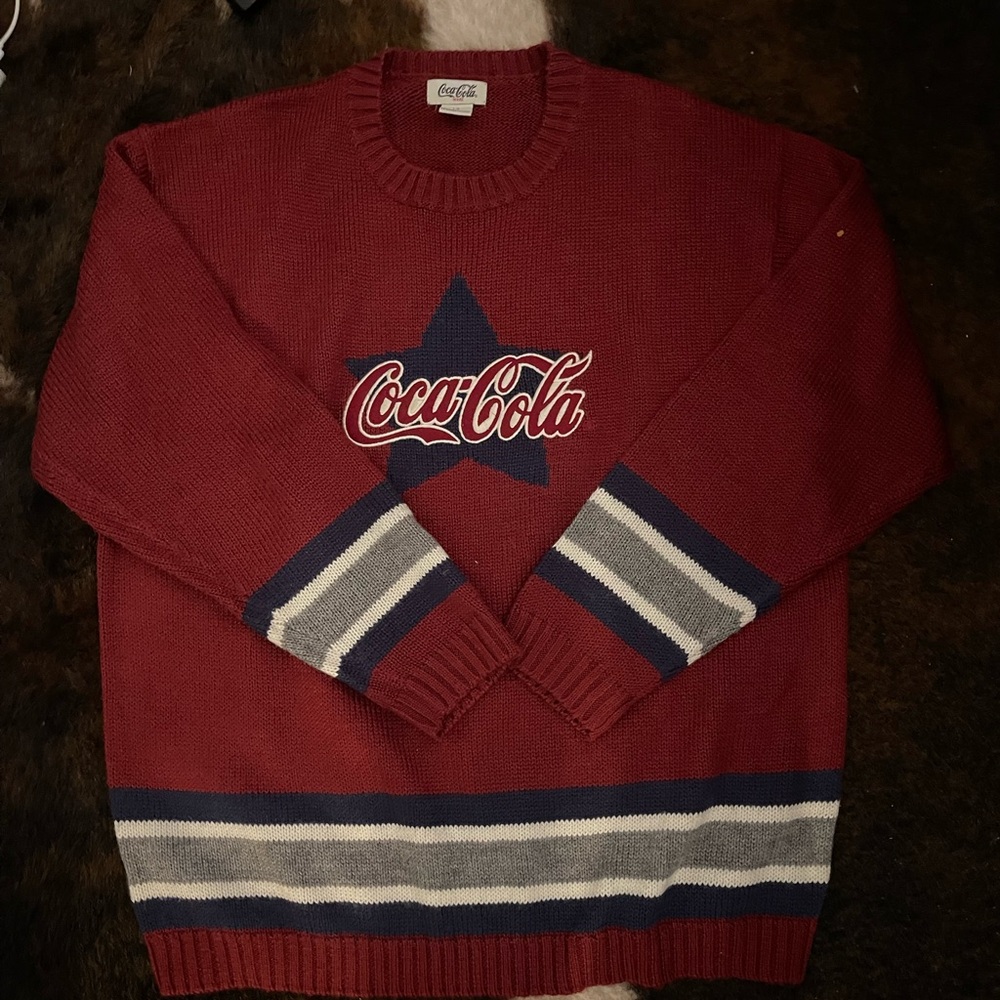 Men’s vintage net preppy sweatshirt, crewneck knit, Coca-Cola Coke red